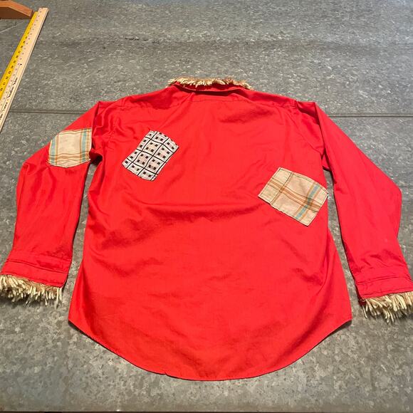 Vintage Handmade Scarecrow Button Up Shirt Large Straw Fall Harvest Patches Red - Picture 10 of 14